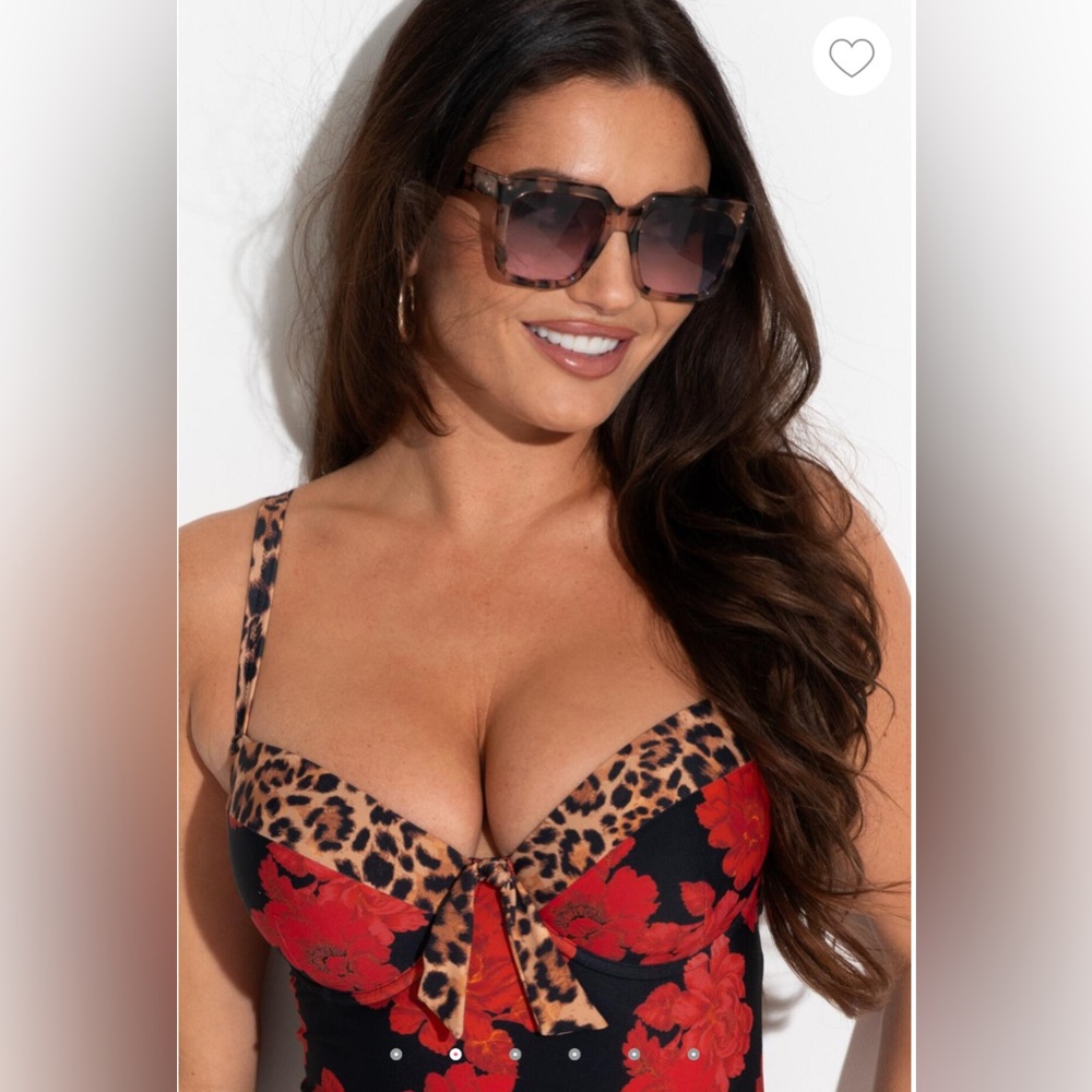Pour Moi St Lucia Red Floral & Leopard Print Underwire Swimsuit Sz 38I NWT - Picture 4 of 11